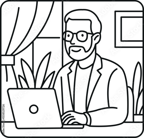 An illustrated professional is engrossed in his work, the scene radiating focus and creativity while the indoor environment suggests comfort and a productive atmosphere.
