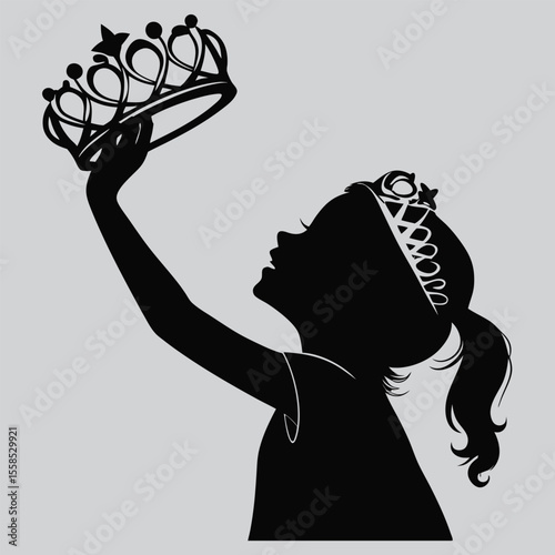 girl putting on a tiara silhouette vector design art and illustration
