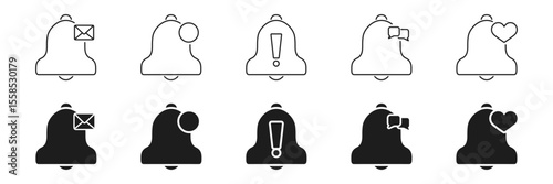 Notification Bell Icon Set With Various Symbols. Alerts For Messages, Updates, And Social Interactions Outline And Solid Symbol Collection. Communication Indicators. Isolated Vector Illustration