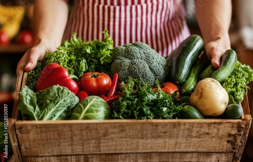 Person holding a wooden crate overflowing with fresh, colorful vegetables