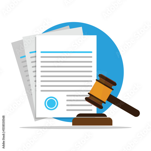 Judge Gavel and Paper Vector Illustration. Symbol for Law and Justice. Judge gavels with contract. Legal protection and notes of transaction. Business contract and agreement.