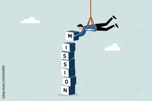 Business missions reach targets, overcome obstacles, and find the motivation to do the impossible, the concept of skilled entrepreneurs hanging from above, successfully completing missions.
