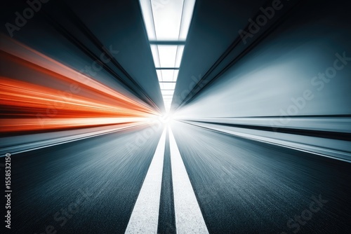 Tunnel vista, motion blur, highway.  Fast-paced, perspective.  Bright light at center.  Concrete walls, asphalt road.  White lines, blurred, speed
