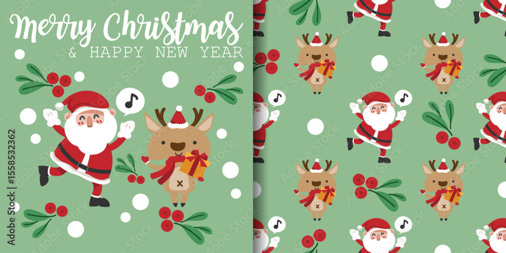 Naklejka premium Christmas holidays banner and seamless pattern of Santa Claus and cute reindeer wearing red scarf holding a gift box on light green background with Holly berries and snowflakes.