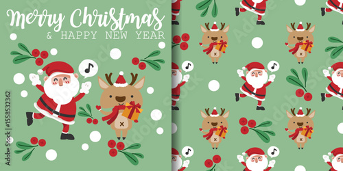 Christmas holidays banner and seamless pattern of Santa Claus and cute reindeer wearing red scarf holding a gift box on light green background with Holly berries and snowflakes.