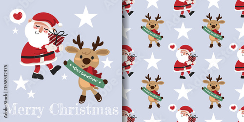 Christmas holidays banner and seamless pattern of Santa Claus holding a gift box and reindeer wearing red scarf showing Merry Christmas sign on light gray background with stars.