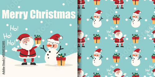Christmas holidays banner and seamless pattern of Santa Claus holding a gift box and snowman wearing Santa hat on light blue background with snowflakes.