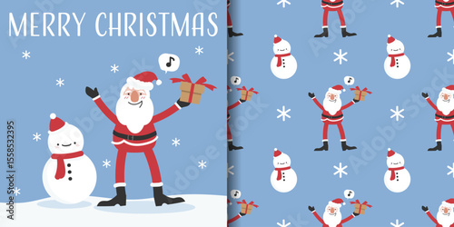 Christmas holidays banner and seamless pattern of Santa Claus holding a gift box and cute snowman wearing red scarf on light blue background with snowflakes.