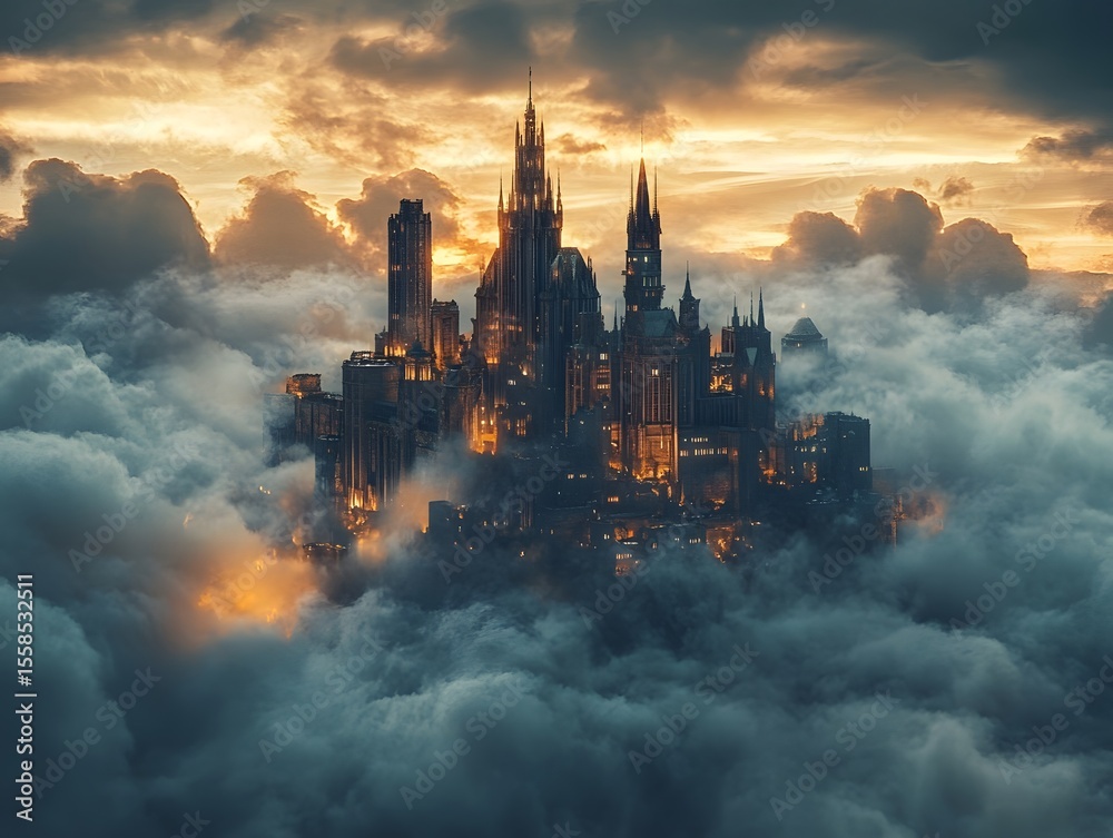 Fototapeta premium Blade and Brick: Where Cyberpunk Skyscrapers Meet a Fortress from the Past, sunset over the city