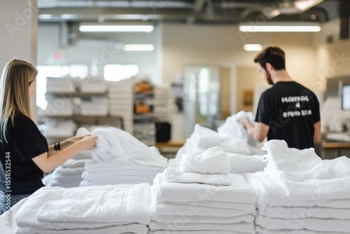 Workers Organizing Clean Linens in a Tidy Laundry Room While Preparing a Large Stack of White Towels and Sheets for Distribution or Storage