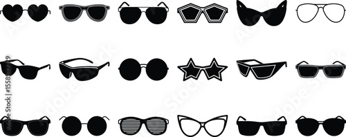 Set of creative sunglasses silhouette icons heart round star cat-eye retro funky fashion eyewear isolated on white