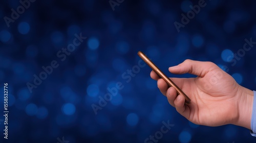 Tapety artystyczne Close-Up of a Hand Holding a Mobile Phone with a Blurred Blue Background and Sparkling Lights