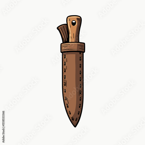 Cartoon Style Hunting Knife with Wooden Handle and Leather Sheath Illustration