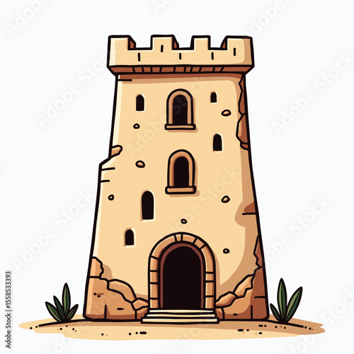 Cartoon Medieval Stone Tower with Arched Entrance and Battlements, Illustration with Cracks and Plants