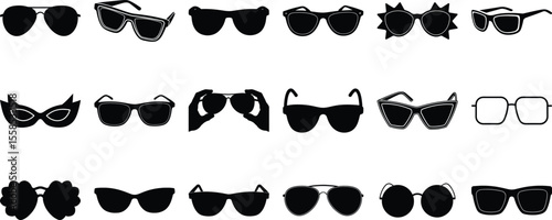 Fashion sunglasses collection with unique shapes and styles black eyewear icons on white background vector set