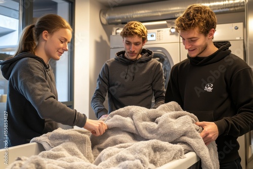 Young adults engaged in laundry task, folding and sorting fluffy towels in a modern industrial space with warm lighting and cheerful atmosphere.
