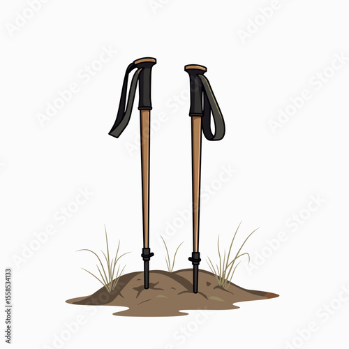 Illustration of Two Hiking Poles Planted in the Ground with Straps and Grips, Outdoor Adventure Equipment
