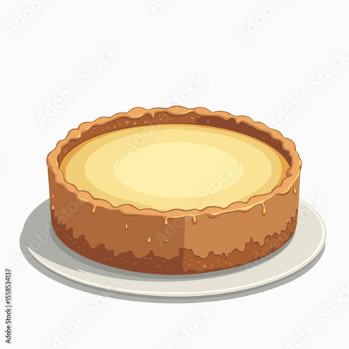 Delicious Cartoon Cheesecake on a White Plate Illustration with Creamy Filling and Golden Crust