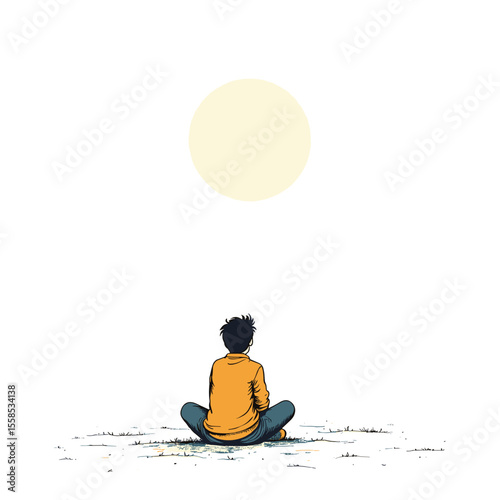 A contemplative figure sits in lotus position under a bright celestial orb, evoking peace and introspection in a minimalist illustration