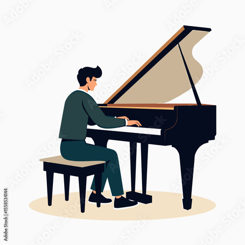 Illustration of a Man Playing a Grand Piano, Seated on a Bench, Performing Music