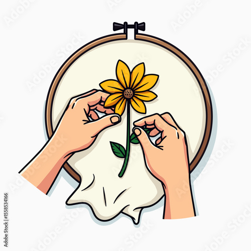 Hands Embroidering a Yellow Flower in an Embroidery Hoop Illustration, Creative Needlework Project