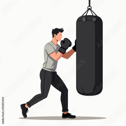 Man Practicing Boxing with a Punching Bag in a Gym Illustration, Athletic Training and Fitness