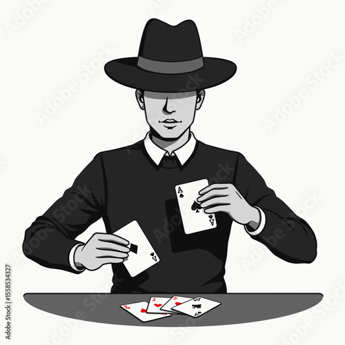 Monochrome Illustration of a Man in a Hat Playing Poker with Aces, a High Stakes Game