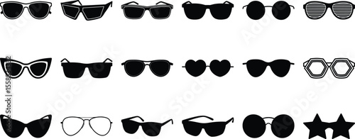 Variety of black sunglasses icon set on white background different fashion eyewear silhouette collection vector design