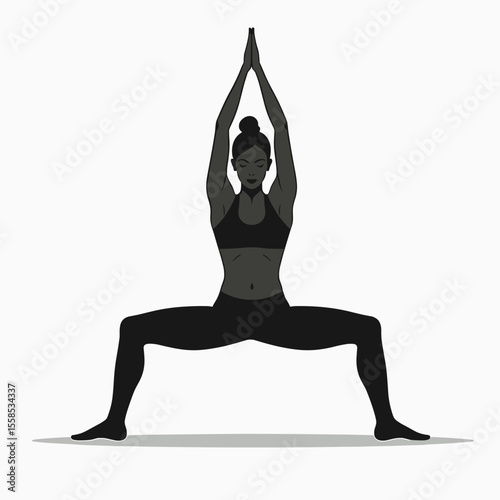 Silhouette of a Woman Practicing Yoga in Goddess Pose with Hands in Prayer Position Illustration