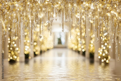 Golden holiday hallway, sparkling crystal chandeliers, soft bokeh