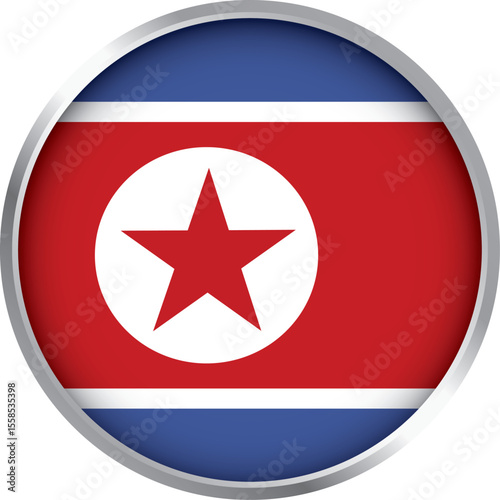 round icon of north korea national flag with red star emblem in silver border for international display

