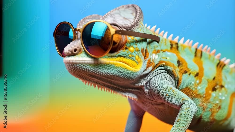 Chameleon portrait with vibrant scales wearing retro sunglasses against a colorful gradient backdrop, a fun and stylish reptile illustration with a cool and summer vibe.