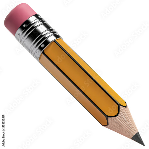 Realistic 3d render of a yellow pencil with pink eraser and silver ferrule isolated on transparent background