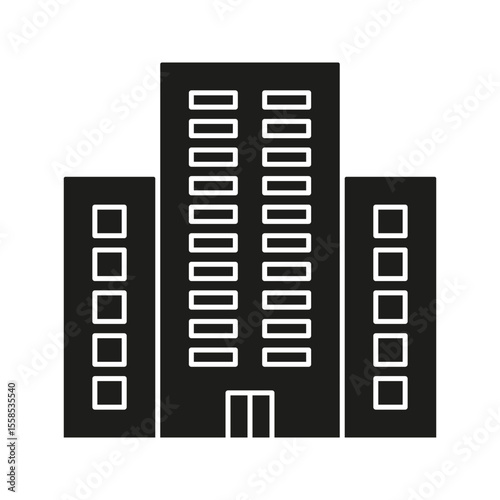 Skyscraper Buildings Solid Icon. Urban Architecture, Cityscape, And Real Estate Development Silhouette Symbol. Modern Infrastructure And Business District. Isolated Vector Illustration