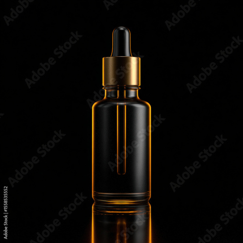 Sleek serum bottle with dropper, featuring dark glass body and gold cap, stands elegantly against black background, exuding sense of luxury and sophistication