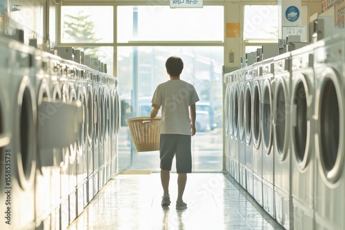 Young person walking in a laundromat holding a basket surrounded by rows of washing machines with bright sunlight streaming through the entrance on a calm day
