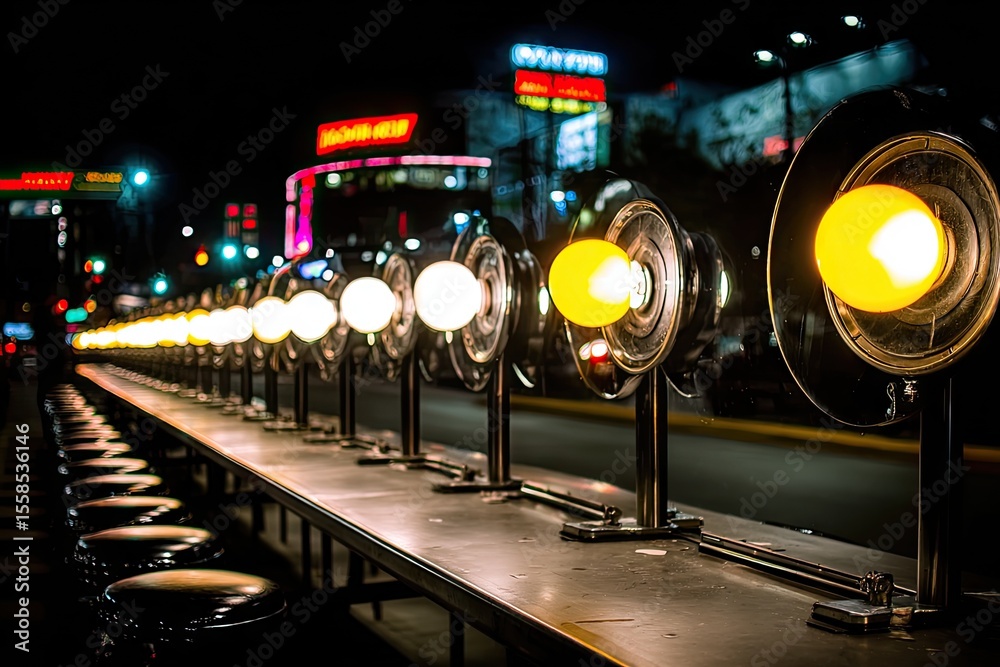 Fototapeta premium Nighttime row of lights, streetside