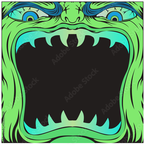 Psychedelic Monster Face with Open Mouth - Vector Illustration