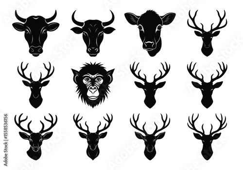 Vector art of various animal head silhouettes isolated on white background, featuring cows, deer, and a chimpanzee