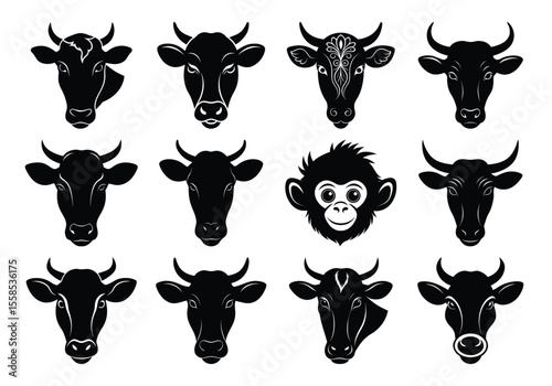 Vector art of a collection of cow and chimpanzee head silhouettes isolated on white background