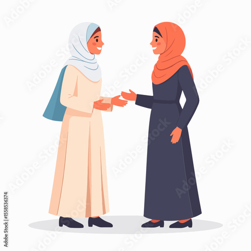 Two women wearing hijabs prepare to shake hands