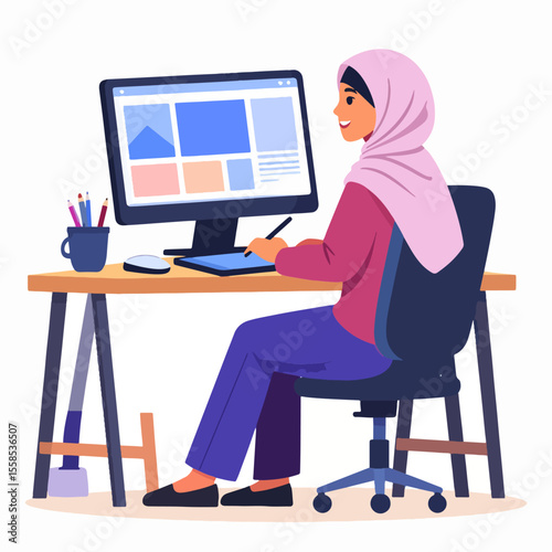 A woman wearing a headscarf sits at a desk using a graphic tablet in front of a computer A mug and pencils are on the desk