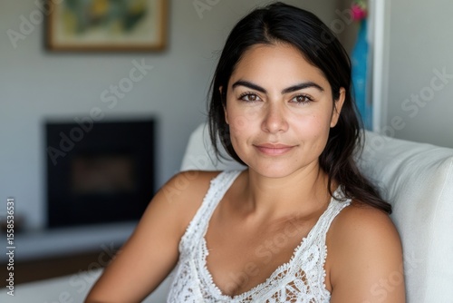 Young woman in casual attire with a calm expression, sitting comfortably in a modern living space, showcasing natural beauty and inviting atmosphere