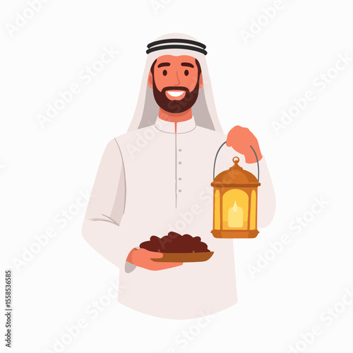 Man in Arab dress holding lantern  dates