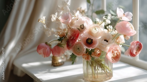 Floral Design with Fresh Flowers in Transparent Vase – Sunlight on White Table and Serene Interior Mood