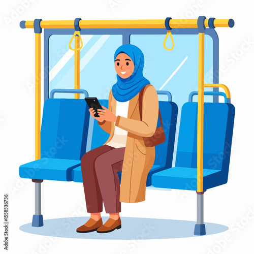 Woman in hijab sits in a bus looking at her mobile phone