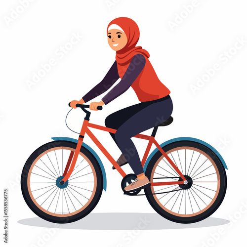 Woman wearing a hijab rides a bicycle with blue fenders gray tires and a red frame