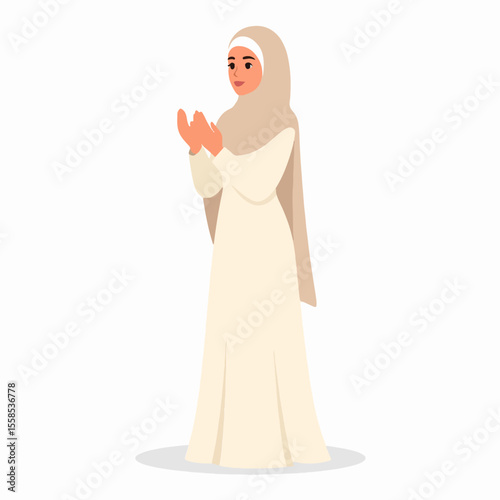 A person facing left with hands raised is wearing a hijab and a dress