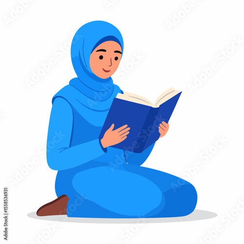 A seated woman wearing a blue hijab reads a book