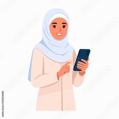 Woman in hijab holds phone finger extended as if touching screen